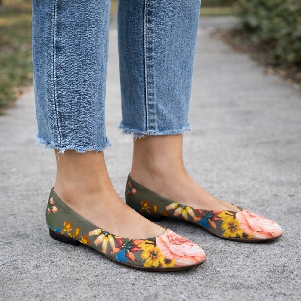 Osborn Handcrafted Floral Ballet Flats Leather Sole Canvas Slip On Women’s Sz 40